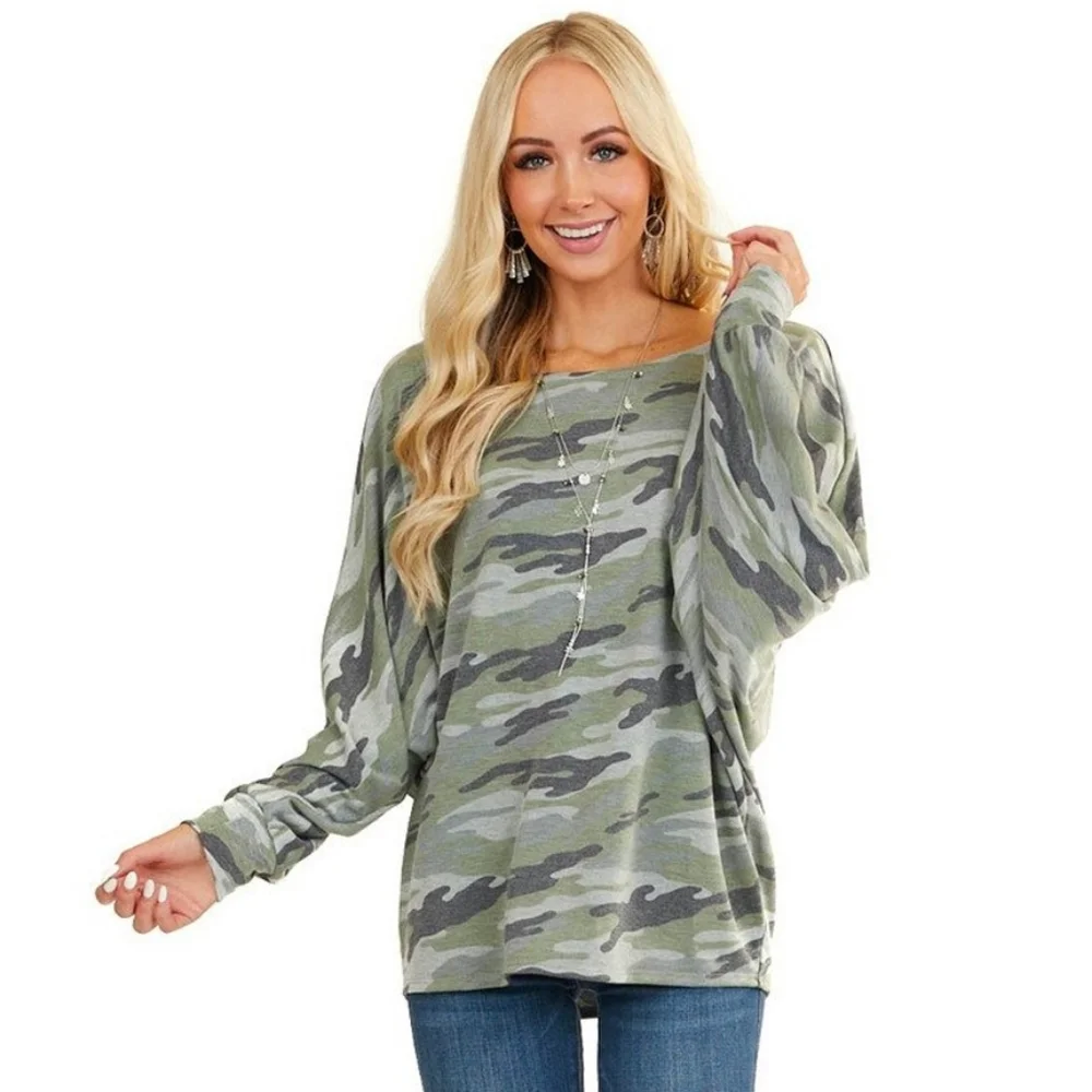 Sage & Grey Camo Knit Top w/ Long Dolman Sleeves - Picture 3 of 9